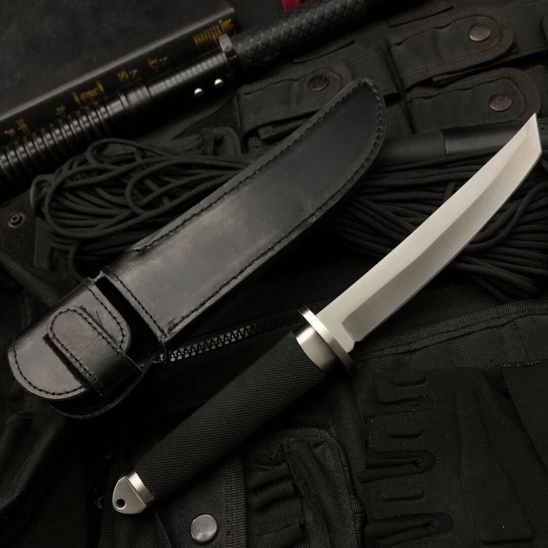 12.59 inch High Hardness Fixed Blade Tactical Knife Outdoor Army Hunting Knife Survival Gear Straight Knives Stainless Steel Combat Katana Camping Tools+Leather Sheath