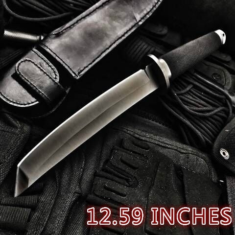 12.59 inch High Hardness Fixed Blade Tactical Knife Outdoor Army Hunting Knife Survival Gear Straight Knives Stainless Steel Combat Katana Camping Tools+Leather Sheath