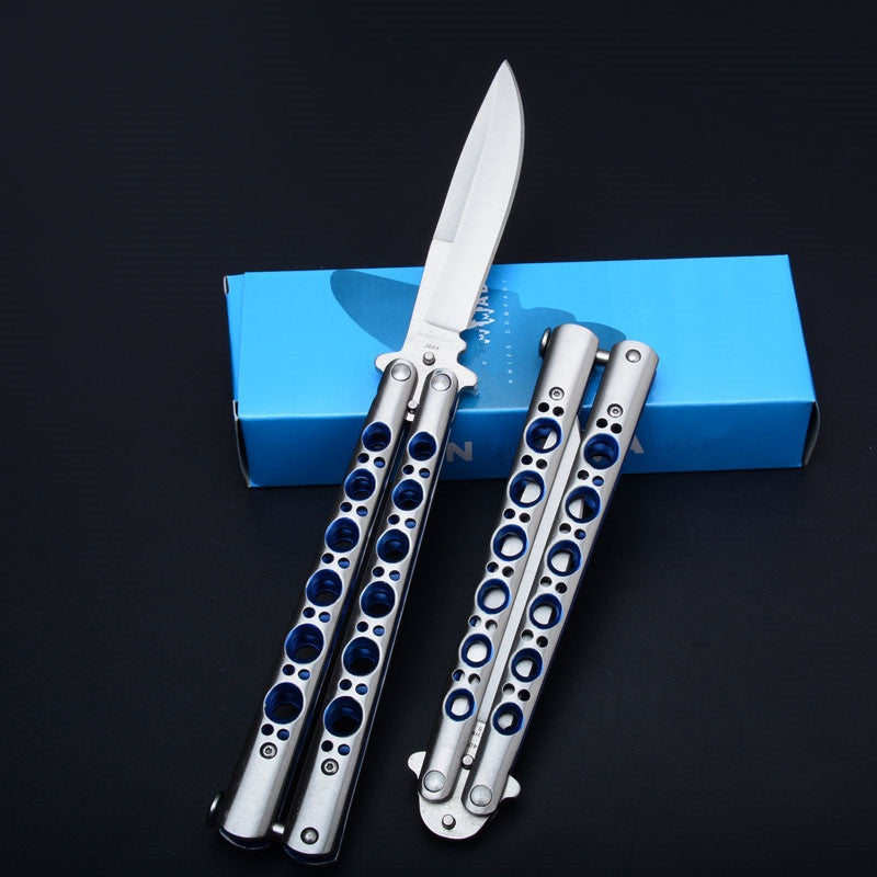 High Quality Blue Hole All Steel Version!!  Combat Hunting Survival Knifes Flick Knife    Practice Training Balisong Knife Tactical Very Sharp Butterfly Knives