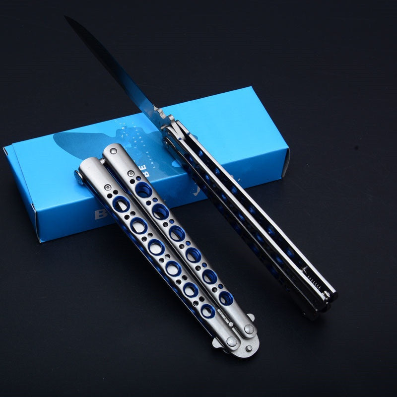 High Quality Blue Hole All Steel Version!!  Combat Hunting Survival Knifes Flick Knife    Practice Training Balisong Knife Tactical Very Sharp Butterfly Knives