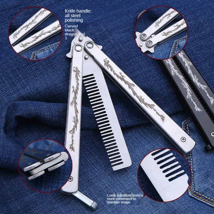 Carved dragon comb butterfly flail practice knife creative butterfly comb performance practice comb tool hairdressing comb does not open edge