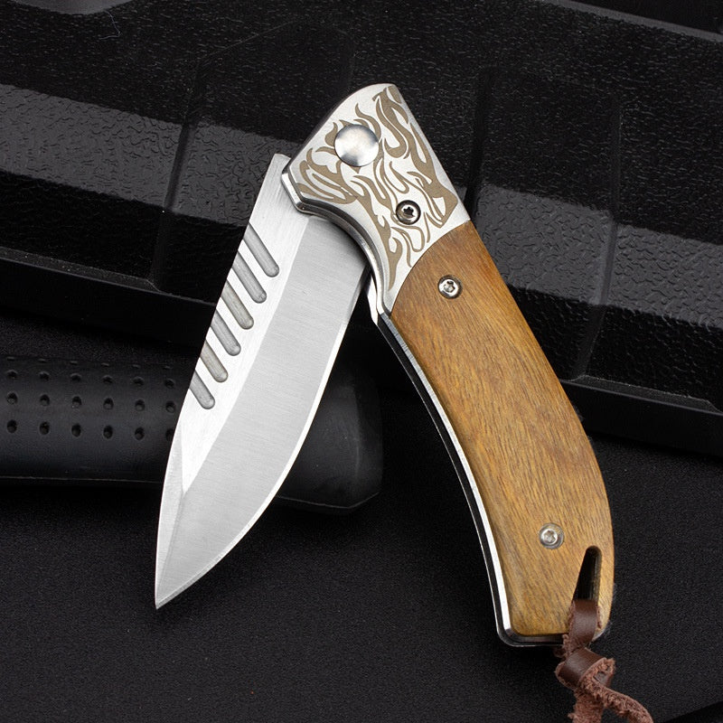 Camping Survival Knife Tactical Outdoor Folding Knife Wooden Handle Knife D2 Steel High Hardness Folding Knife Mini Knife