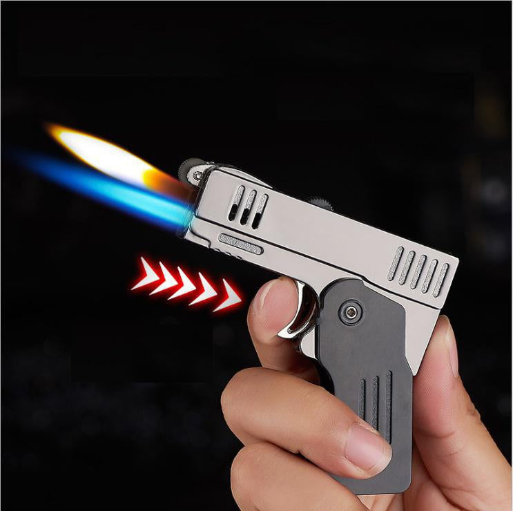 NEw Gun shape Foldable Lighter Blue&Yellow Dual Flame Jet Lighters New Spray Gun Butane Lighters Gas Cigarette Lighter For Man Gift(Without Gas)