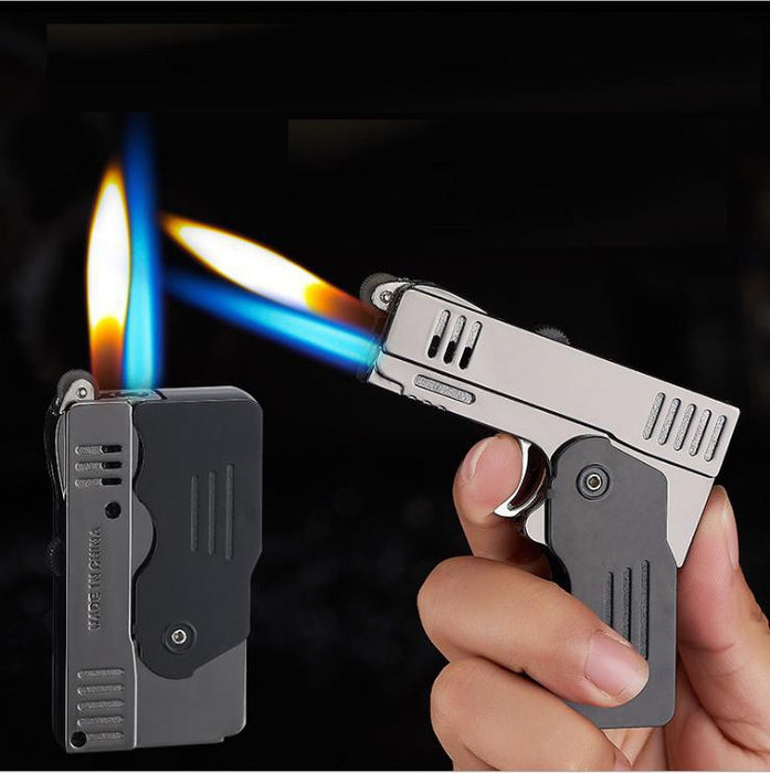 NEw Gun shape Foldable Lighter Blue&Yellow Dual Flame Jet Lighters New Spray Gun Butane Lighters Gas Cigarette Lighter For Man Gift(Without Gas)