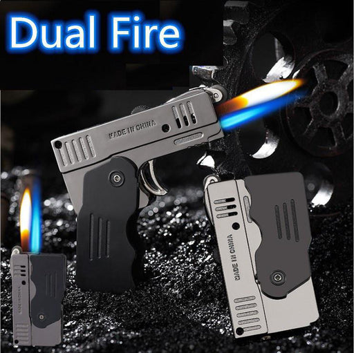 NEw Gun shape Foldable Lighter Blue&Yellow Dual Flame Jet Lighters New Spray Gun Butane Lighters Gas Cigarette Lighter For Man Gift(Without Gas)