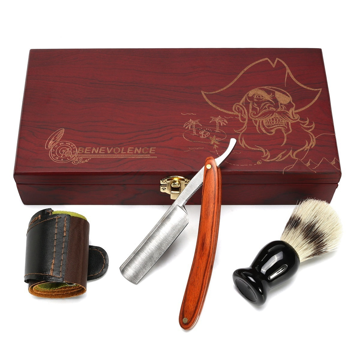 Barber Shaving Kit Set Straight Razor Shaving Brush Strop Wooden Box Father Gift
