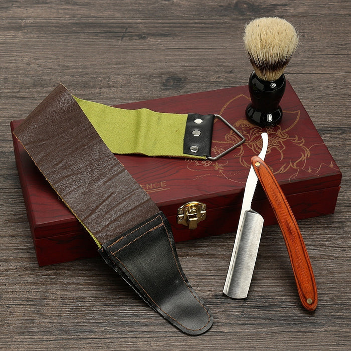 Barber Shaving Kit Set Straight Razor Shaving Brush Strop Wooden Box Father Gift