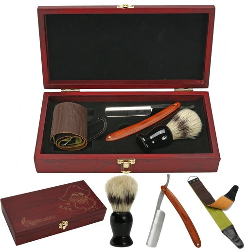 Barber Shaving Kit Set Straight Razor Shaving Brush Strop Wooden Box Father Gift