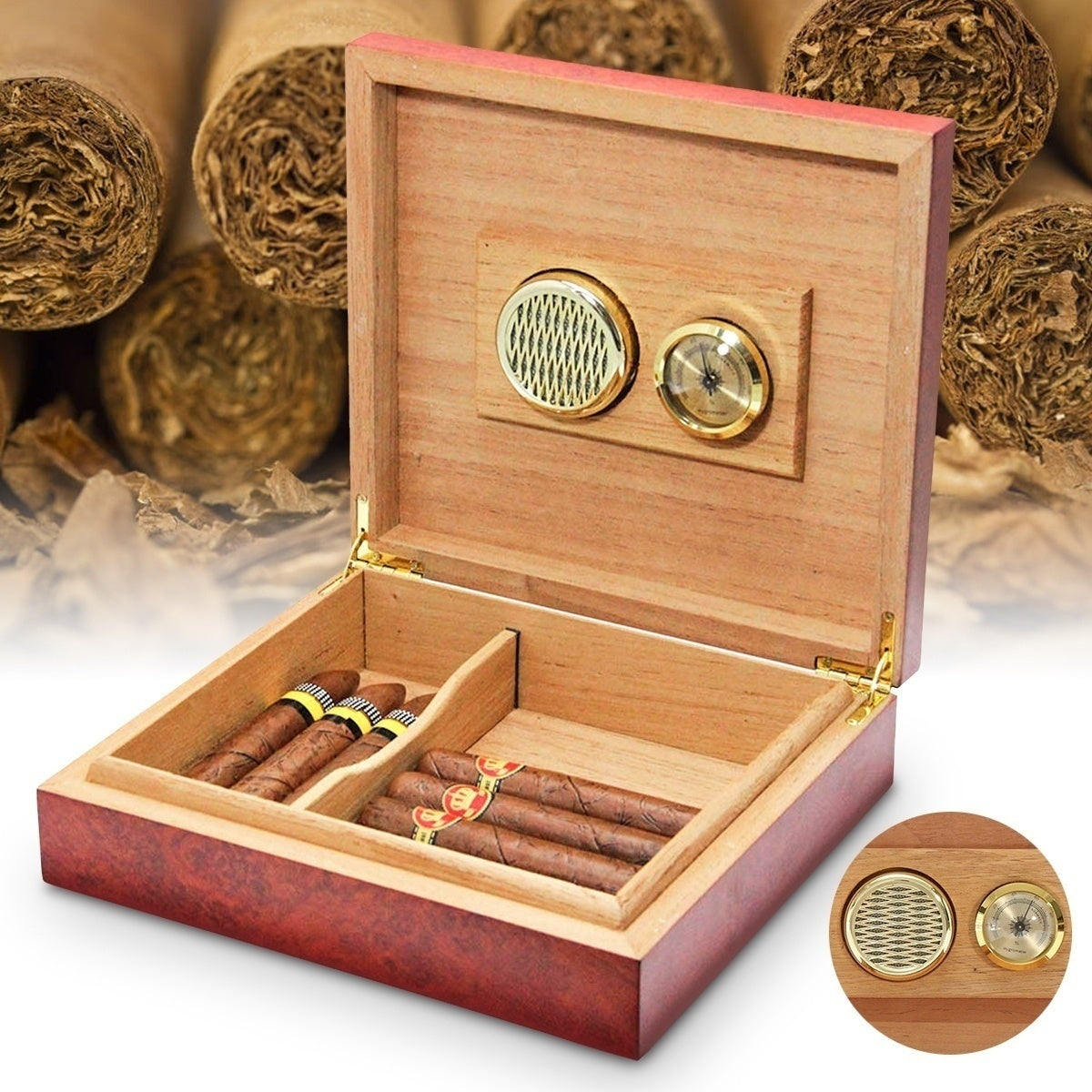 20 Count Brown Cedar Wood Wooden Lined Cigar Humidor Humidifier Storage Case Box With Hygrometer