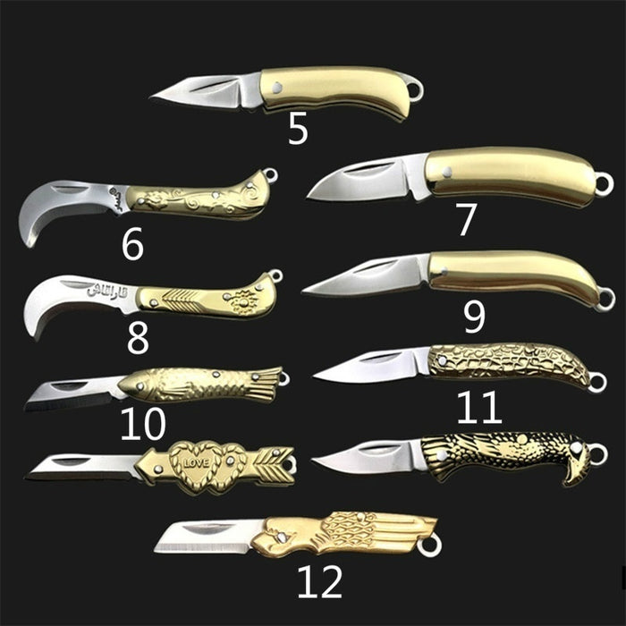 18 Kinds of Mini Pocket Folding Brass Knife Small Keyring Knife Keychain Pendant Outdoor Camping Gifts