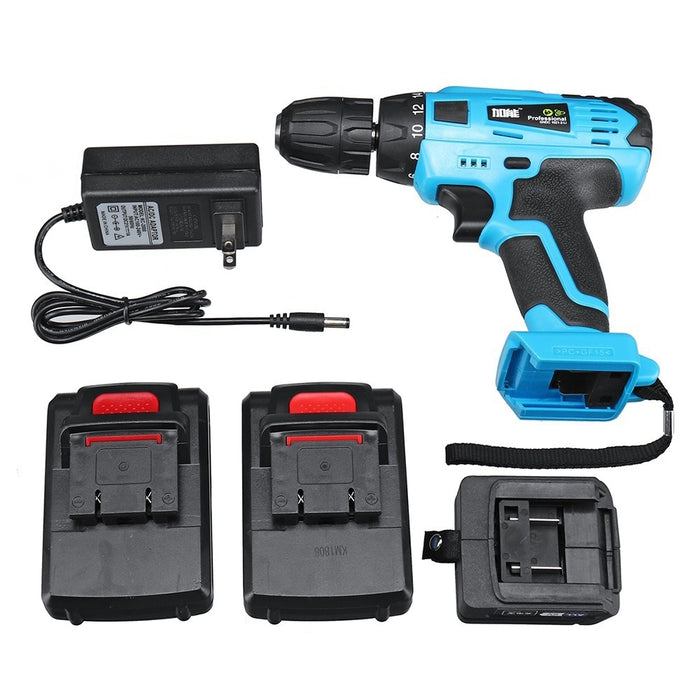New    18+1 Clutch Positions LED Light 2 Speed 10MM Keyless Chuck with    2pcs  Lithium Ion Batteries 21V Cordless Rechargeable Electric Drill ScrewDriver
