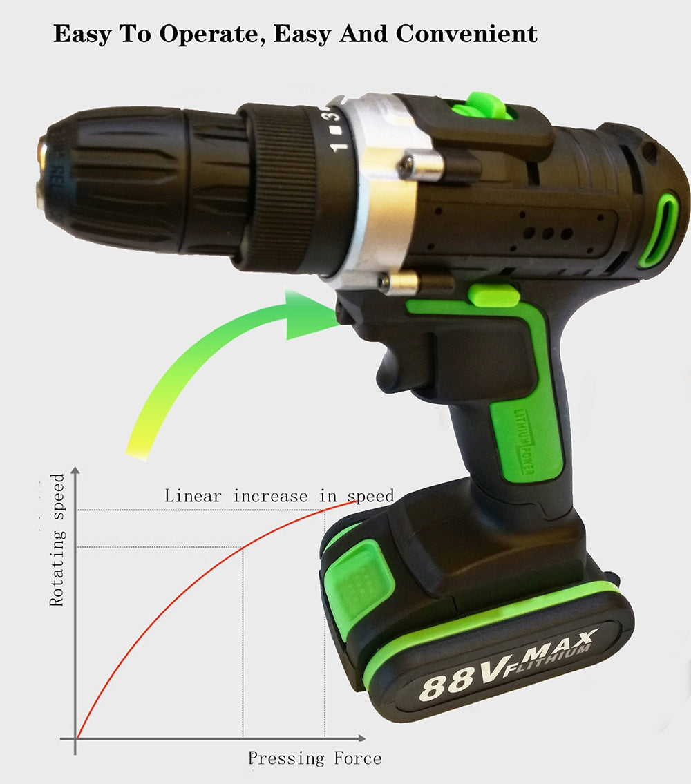 Cordless Electric Impact Drill Screwdriver 88Vf 2 Speed Driver Rechargeable With 2 Li-ion Battery