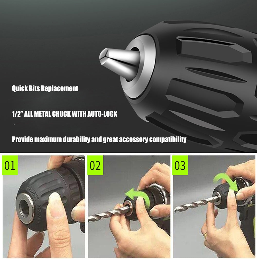 Cordless Electric Impact Drill Screwdriver 88Vf 2 Speed Driver Rechargeable With 2 Li-ion Battery