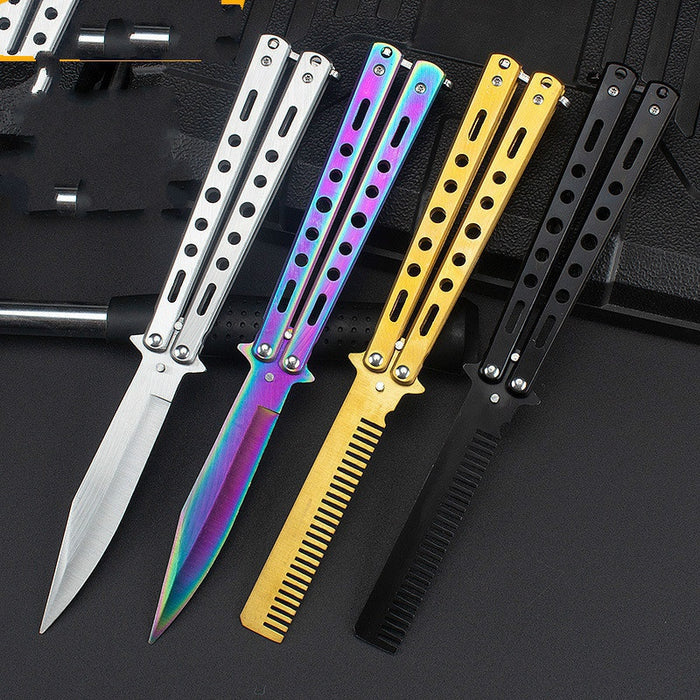 Outdoor camping practice knife without blade decompression swing comb stainless steel folding comb beginner training tool