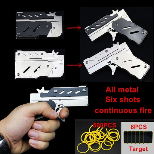 Folding Mini Rubber Band Gun All Metal Shooting Toys Gun Collection Six Shots Fire Continuously